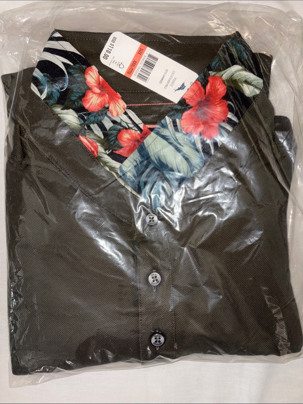 Tommy Bahama Olive Green Polo with Red Floral Trim
